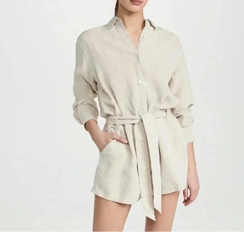Marissa Webb Linen Rowan Tie Waist Romper Flax Beige (2)
